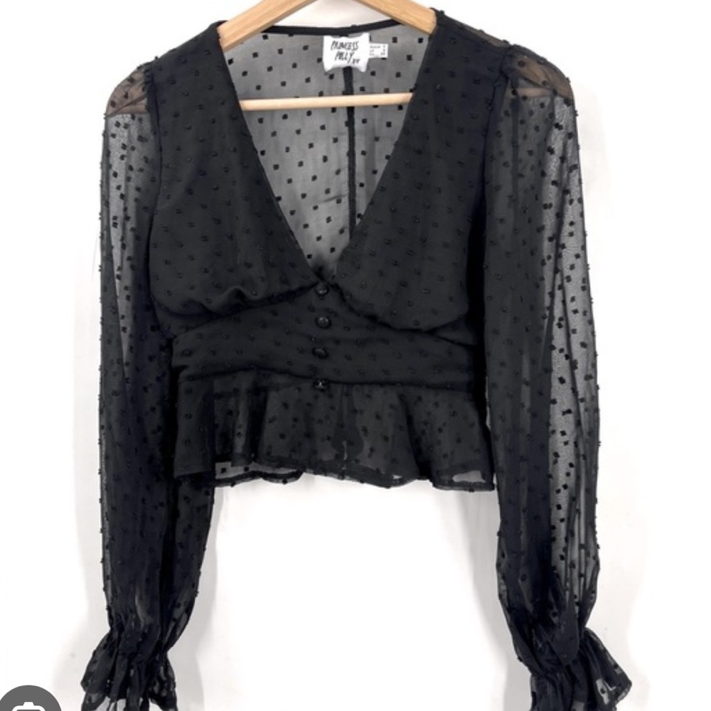 Princess Polly Black Swiss Dot Chiffon Top